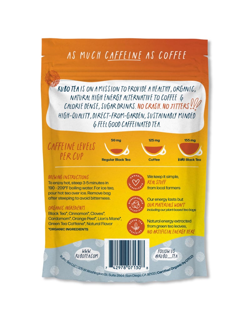 Kubo Tea Lion's Mane Black Tea - High Caffeine Coffee Substitute w/ 20 Servings (155mg Caffeine Each) - Organic Lion's Mane Tea Bags with Pillow Bag Design, Biodegradable and Compostable Packaging - Image 4